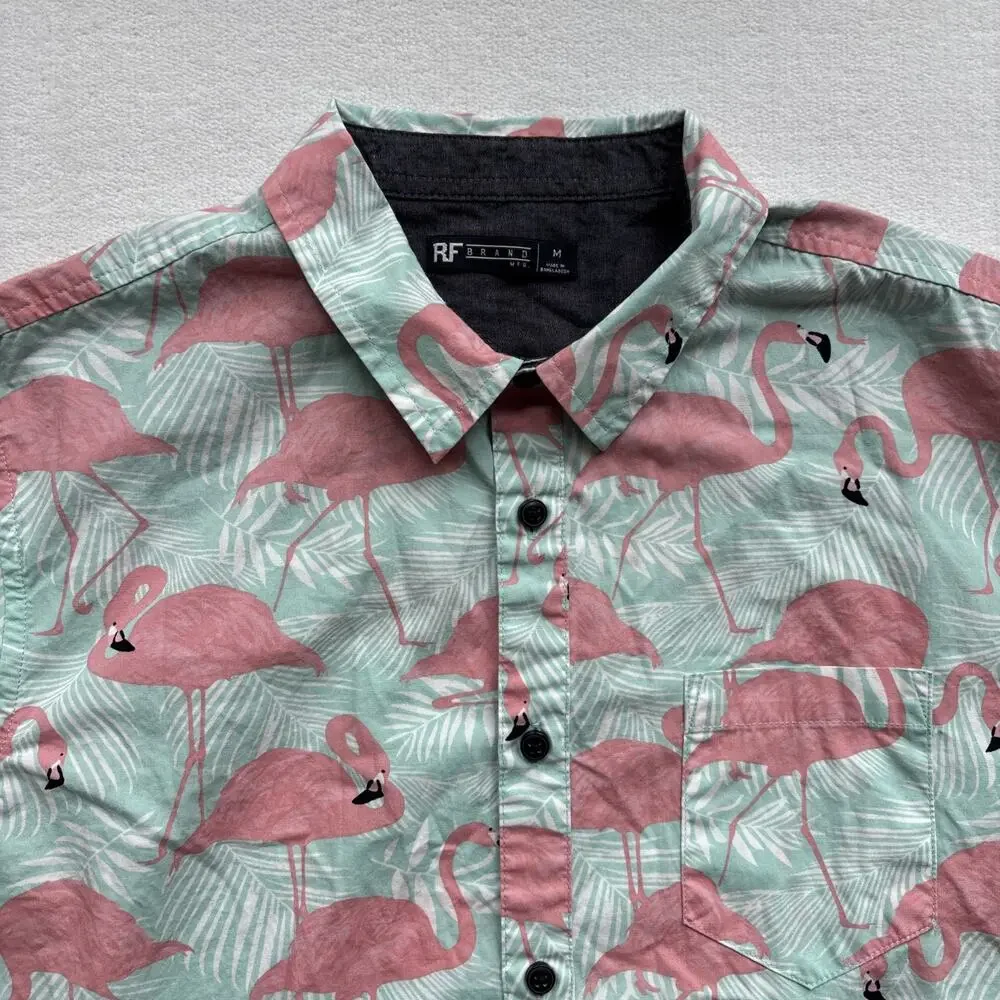 RF Brand MFG Men Medium Hawaiian Shirt Flamingo Short Sleeve Tropical‎